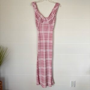 Reformation Beauden Sleeveless V Neck Crepe Midi Dress Plaid Pink White Small